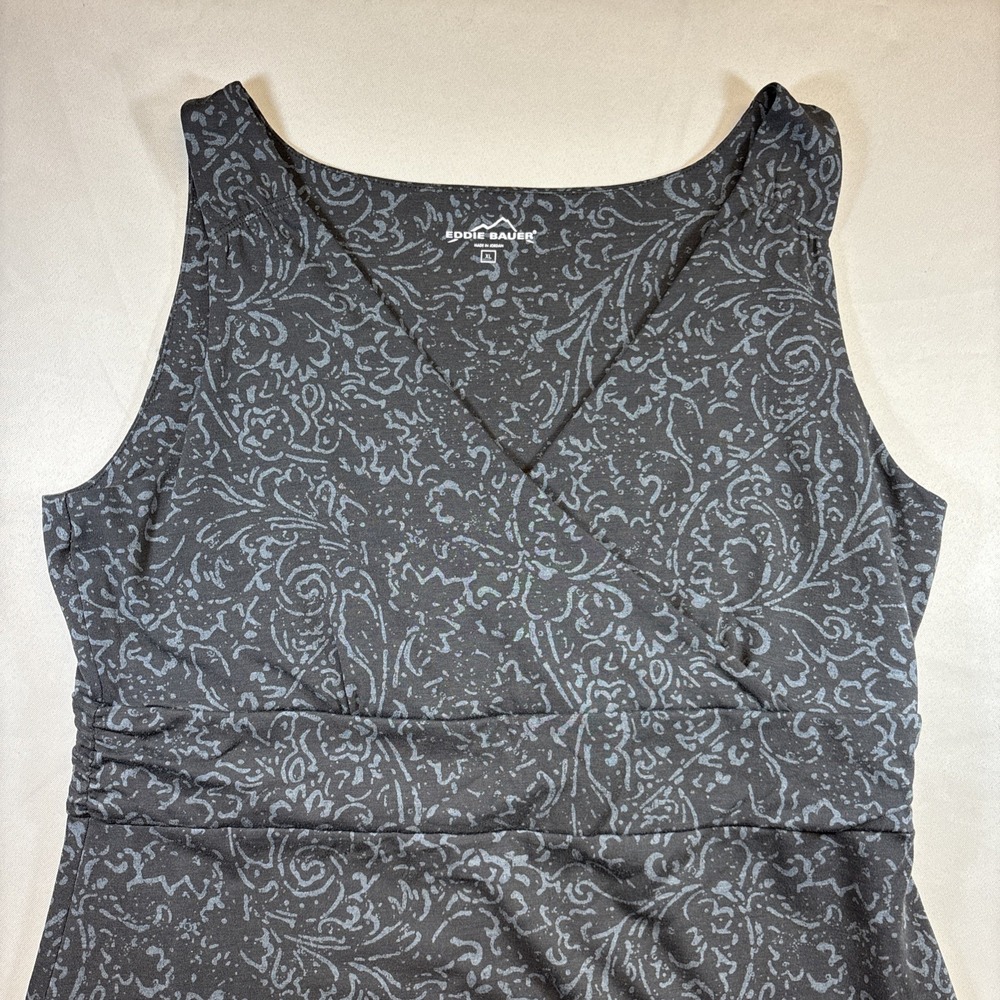 2 Eddie Bauer Faux Wrap Dresses XL Gray Cream Midi Floral Stretch A-Line Lot‎